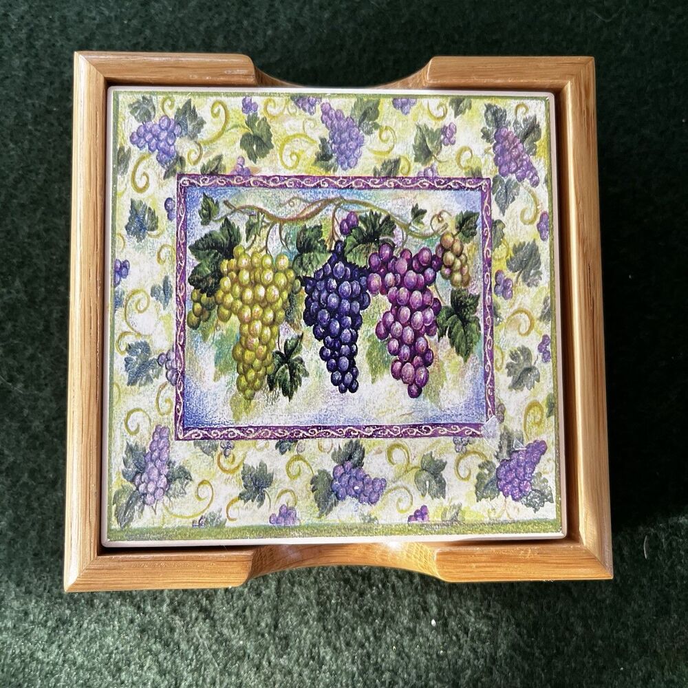 Grapes Wine Botanical Coasters Set 4 Ceramic Tile Style Cork Back Wood Holder
